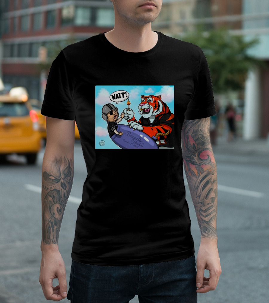 NFL Cincinnati Bengals Vs Las Vegas Raiders November 3rd 2024 Cartoon Tiger and Raider Fan Balloon Adventure T-Shirt