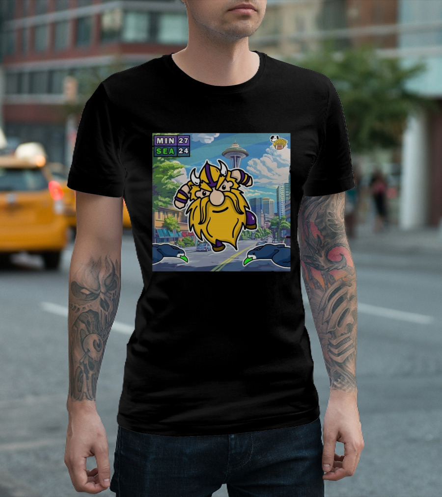 Minnesota Vikings 27-24 Seattle Seahawks Week 16 NFL Victory Cartoon Scene T-Shirt