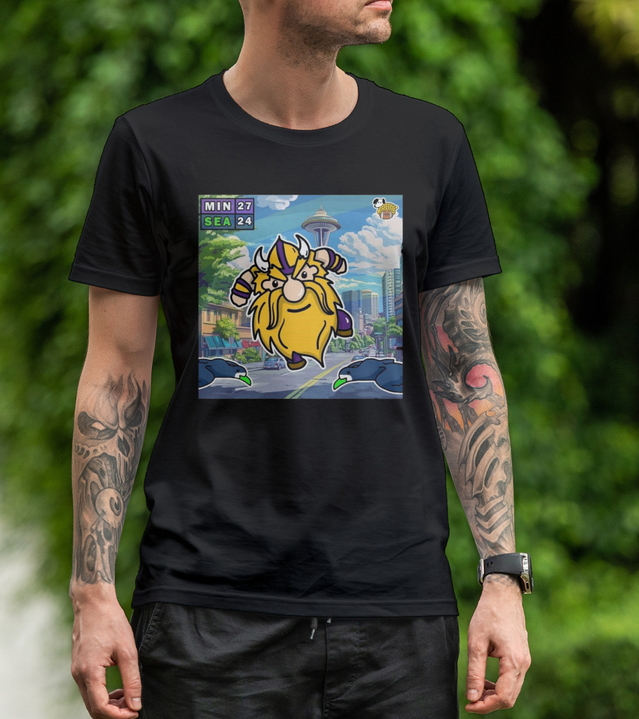 Minnesota Vikings 27-24 Seattle Seahawks Week 16 NFL Victory Cartoon Scene T-Shirt