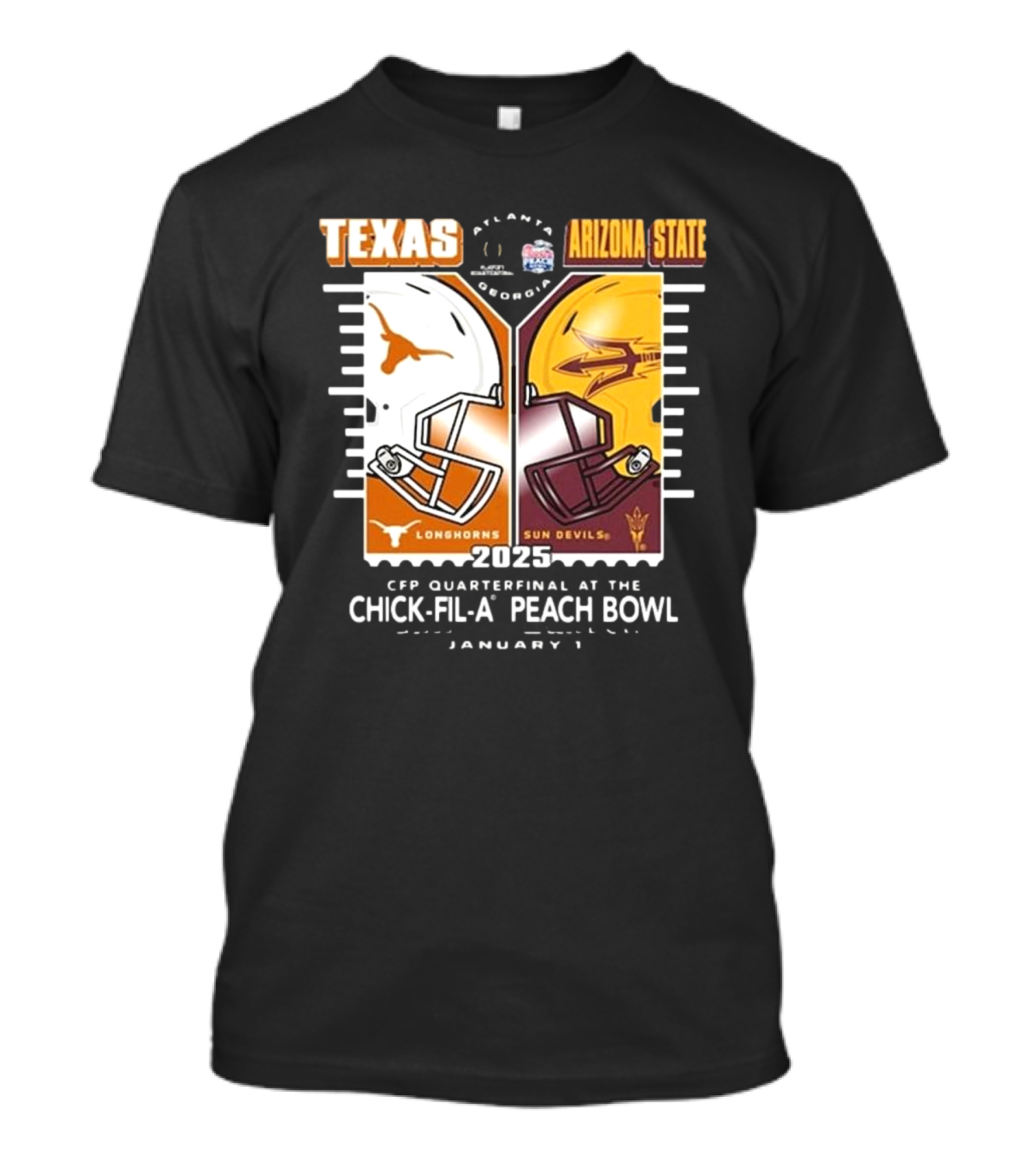 Texas Longhorns Vs Arizona State Sun Devils 2025 CFP Quarterfinal Chick-fil-A Peach Bowl January 1 Atlanta Georgia T-Shirt
