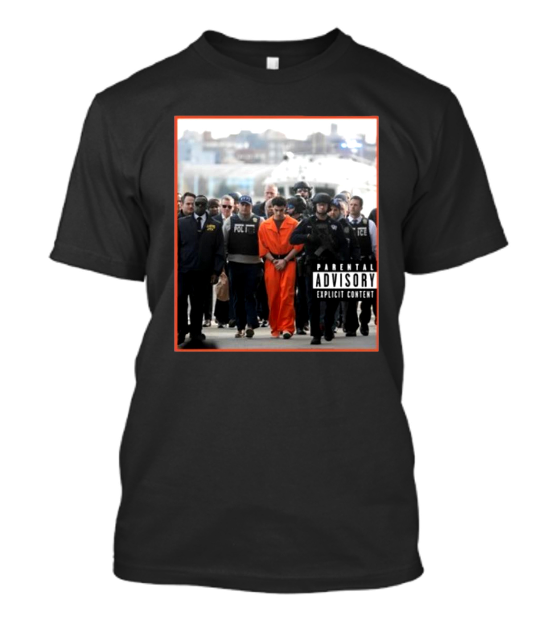 Luigi Mangioni Is Escorted From An NYPD Helicopter In New York City Parental Advisory Explicit Content T-Shirt