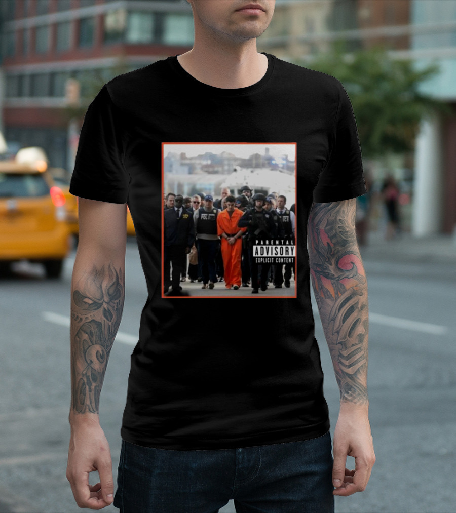 Luigi Mangioni Is Escorted From An NYPD Helicopter In New York City Parental Advisory Explicit Content T-Shirt