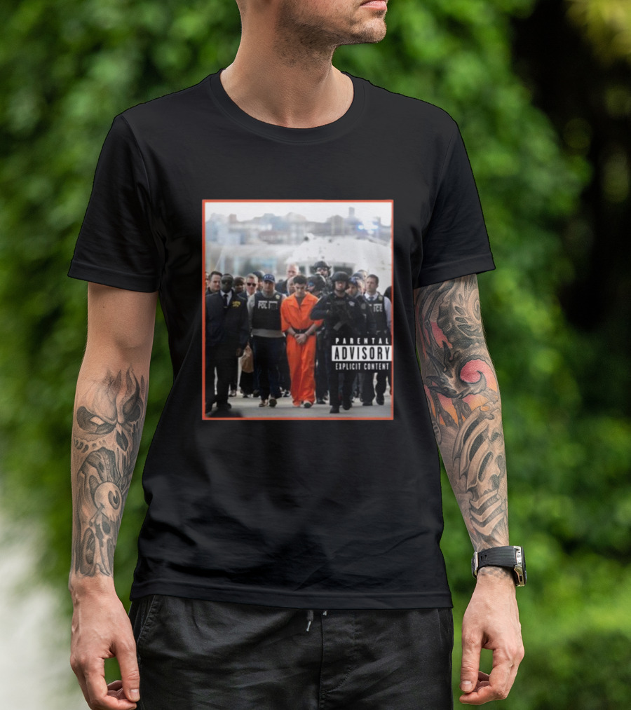 Luigi Mangioni Is Escorted From An NYPD Helicopter In New York City Parental Advisory Explicit Content T-Shirt