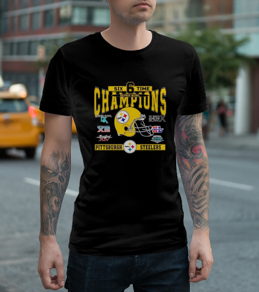 Pittsburgh Steelers Six Time Super Bowl Champions Helmet Super Bowl IX X XIII XIV XL XLIII T-Shirt