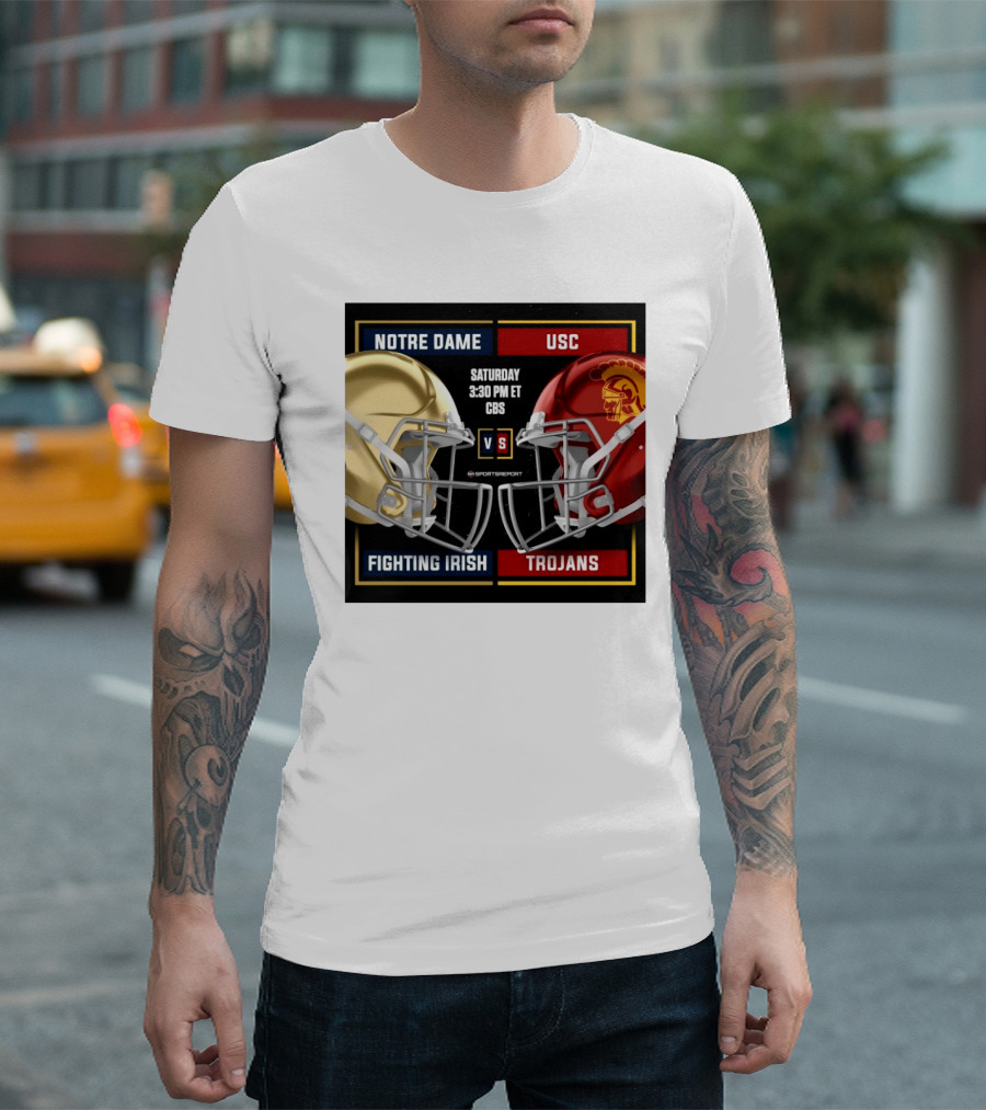 Notre Dame Fighting Irish Vs USC Trojans Saturday 3:30 PM ET CBS Helmet Matchup T-Shirt
