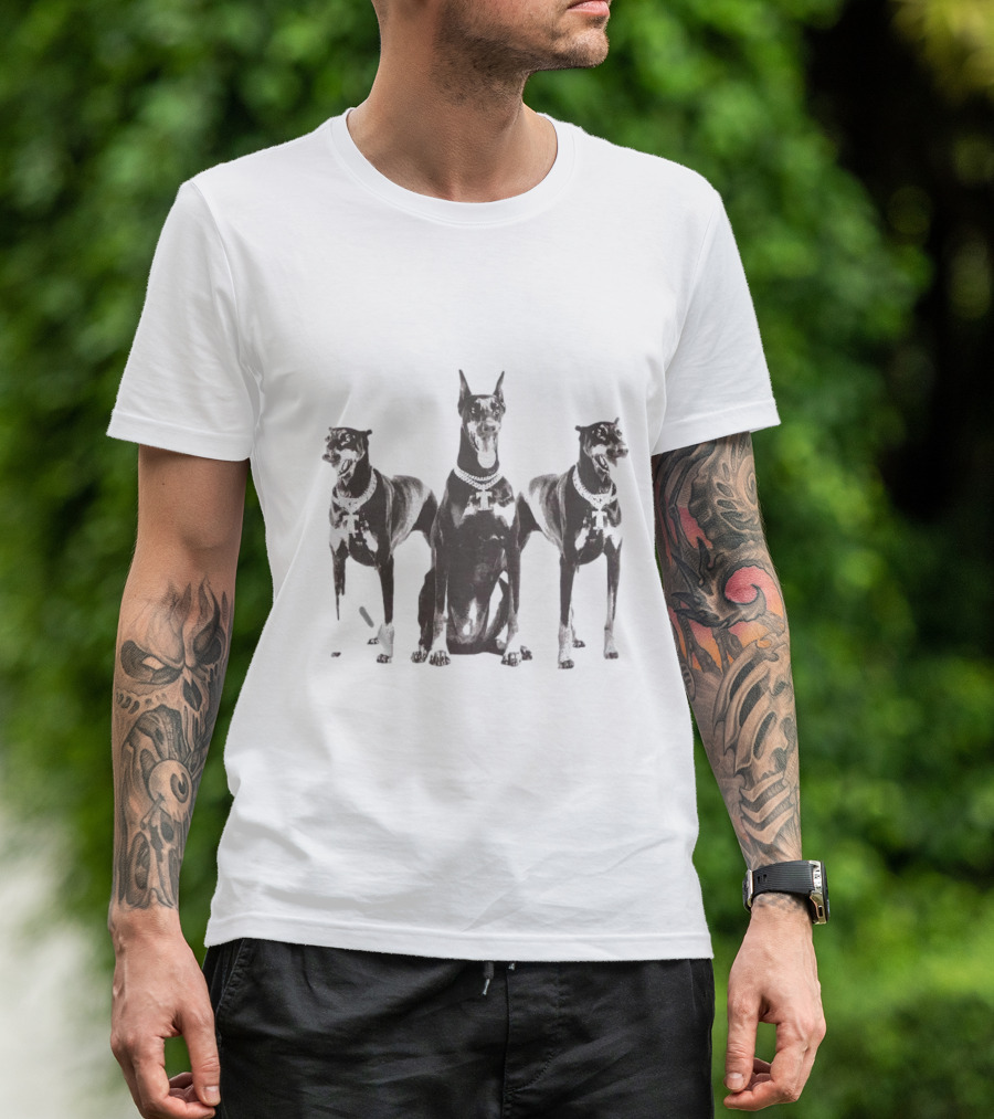 Doberman Dogs Trio In Black And White With Chain Collars T-Shirt
