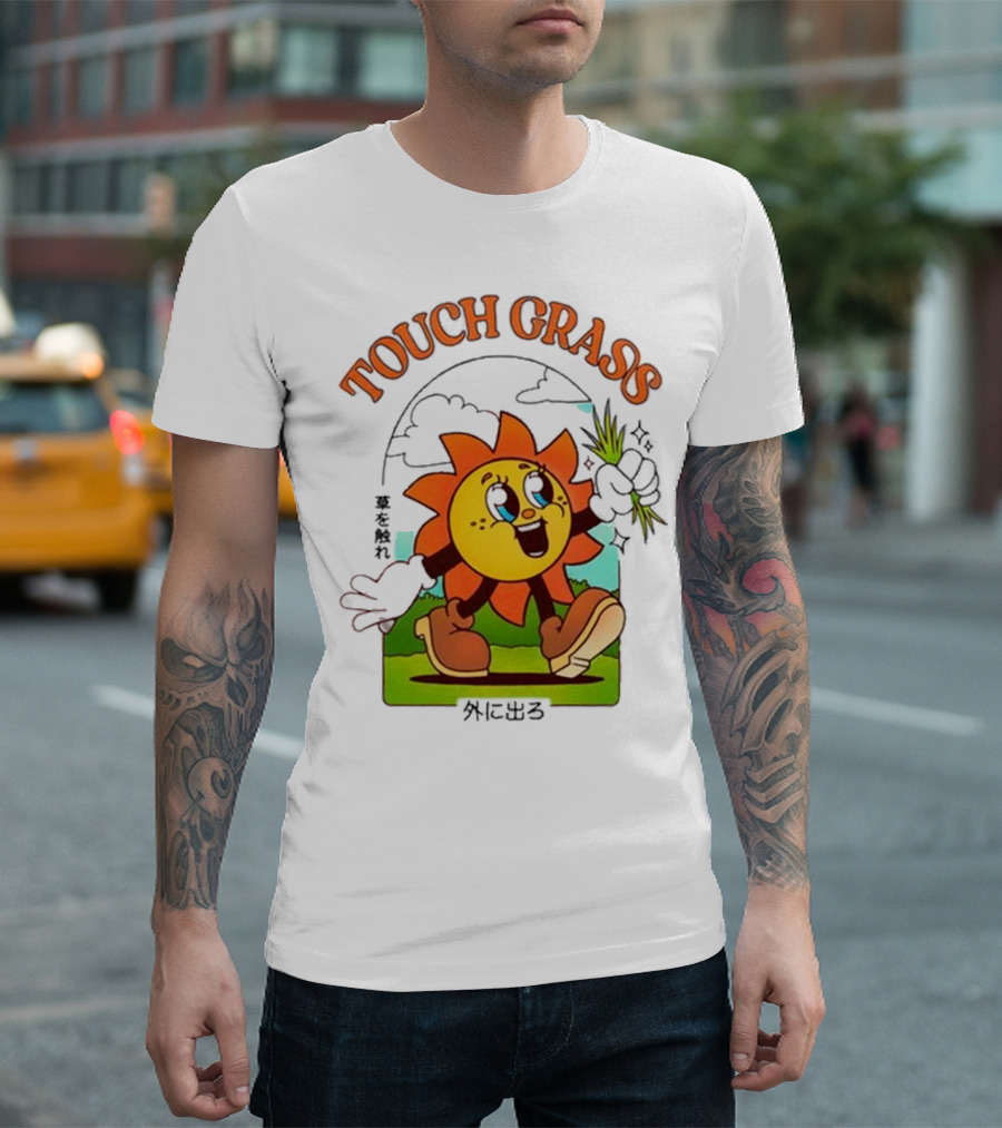 Touch Grass Retro Sun Character Outdoors Japanese Text T-Shirt