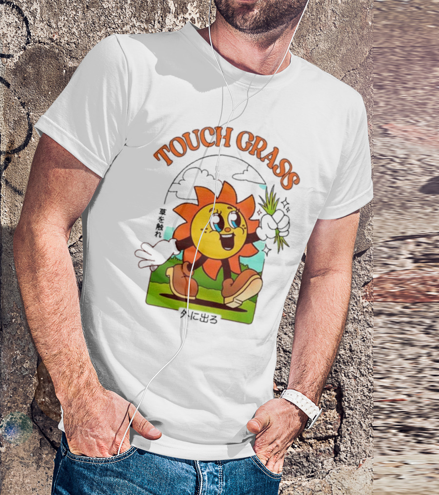 Touch Grass Retro Sun Character Outdoors Japanese Text T-Shirt