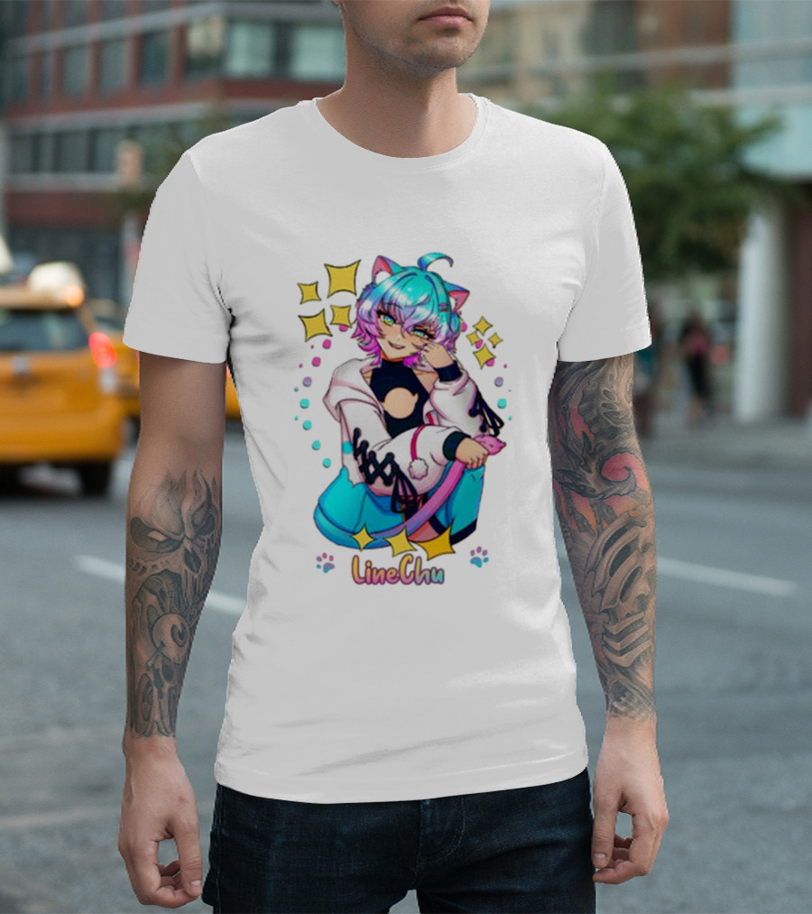 LineChu Glimmer Anime Character with Cat Ears and Colorful Pastel Aesthetic T-Shirt