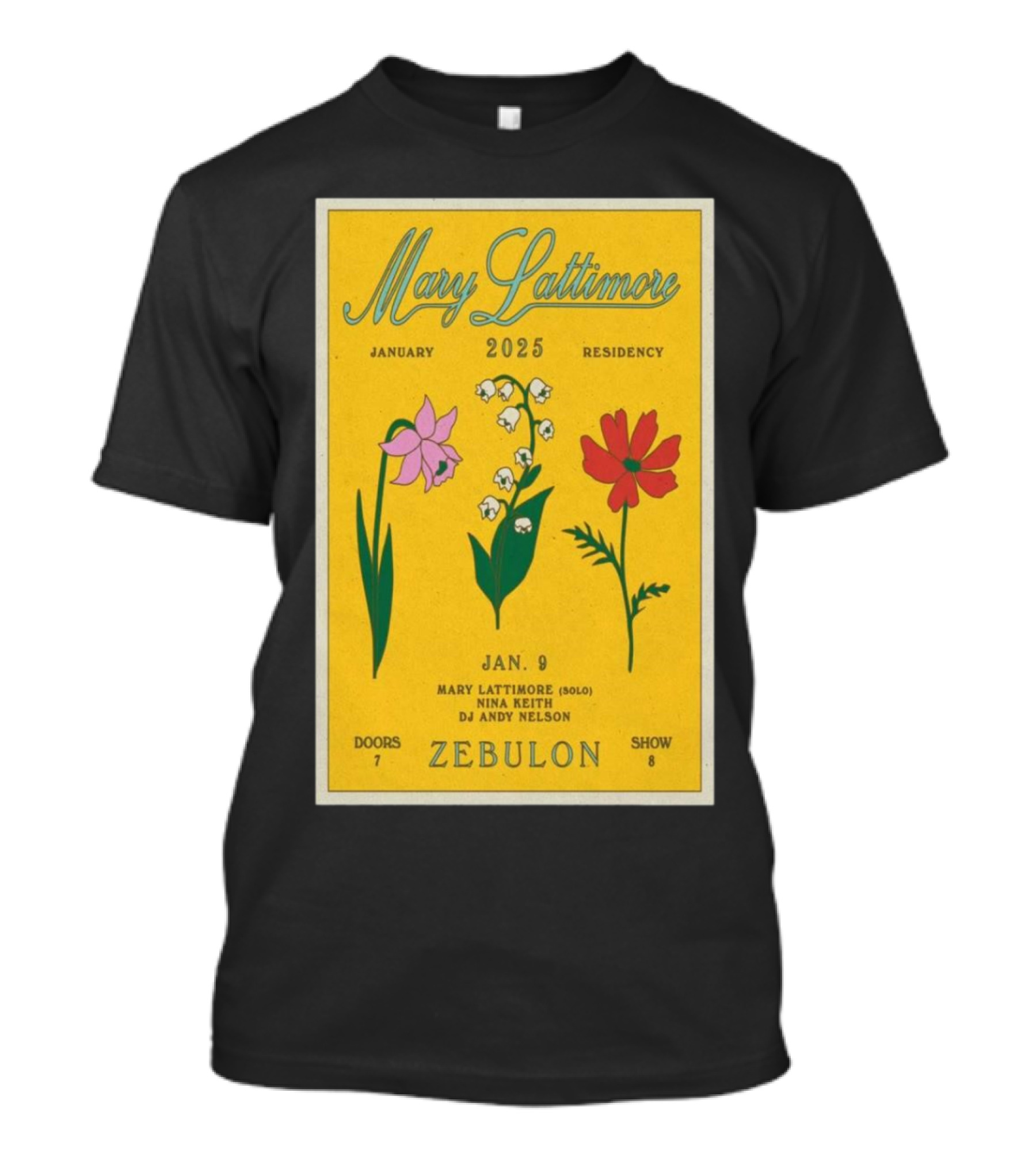Mary Lattimore January Residency 2025 Zebulon Los Angeles Jan 9 Nina Keith DJ Andy Nelson T-Shirt