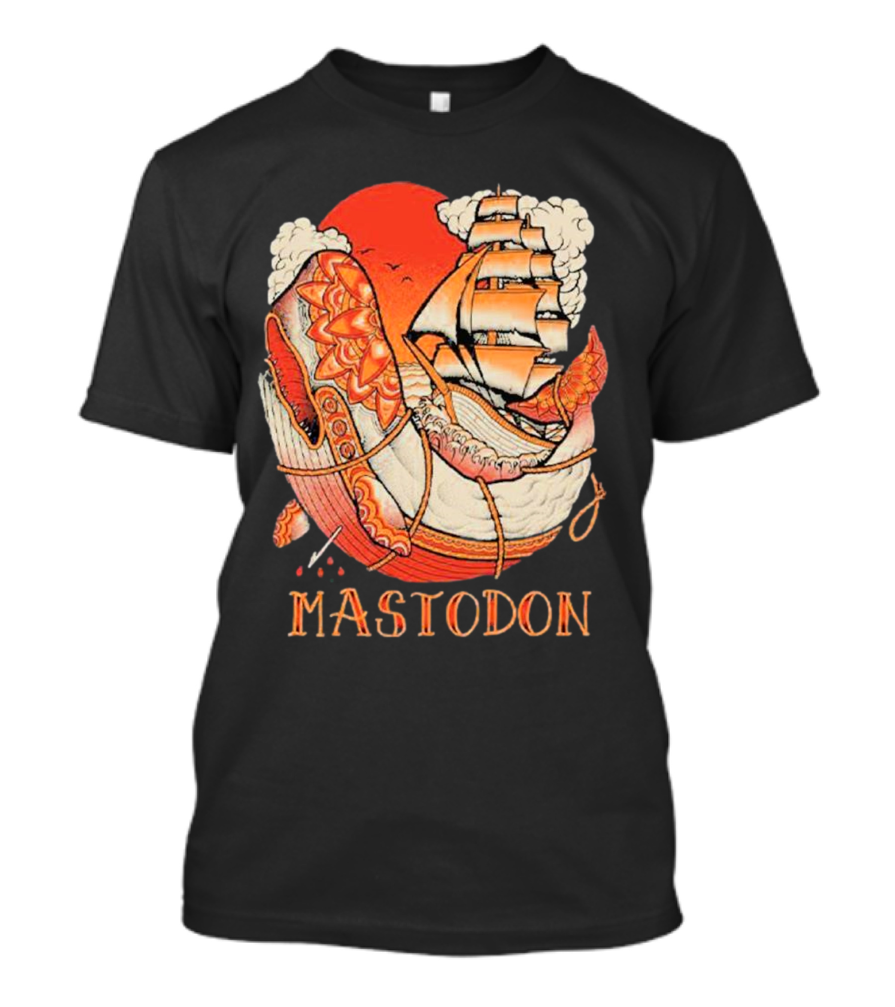 Mastodon Whale Tattoo Ship Against Red Sun T-Shirt
