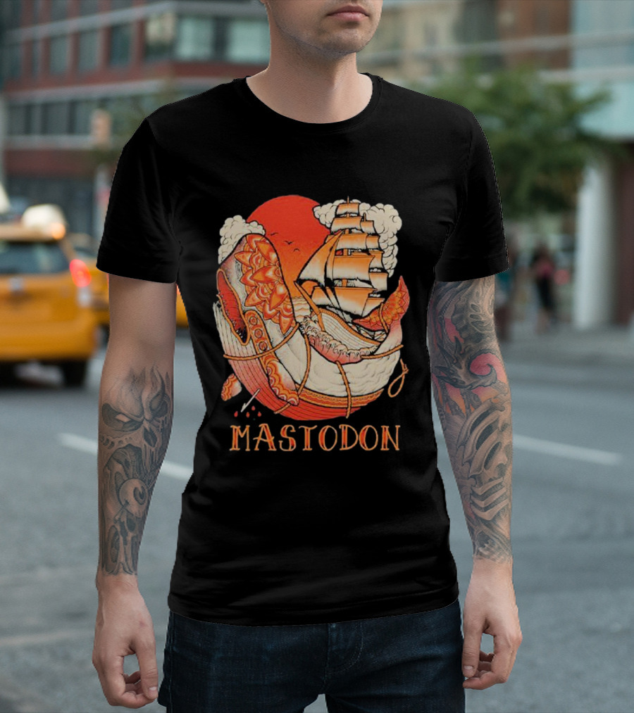Mastodon Whale Tattoo Ship Against Red Sun T-Shirt
