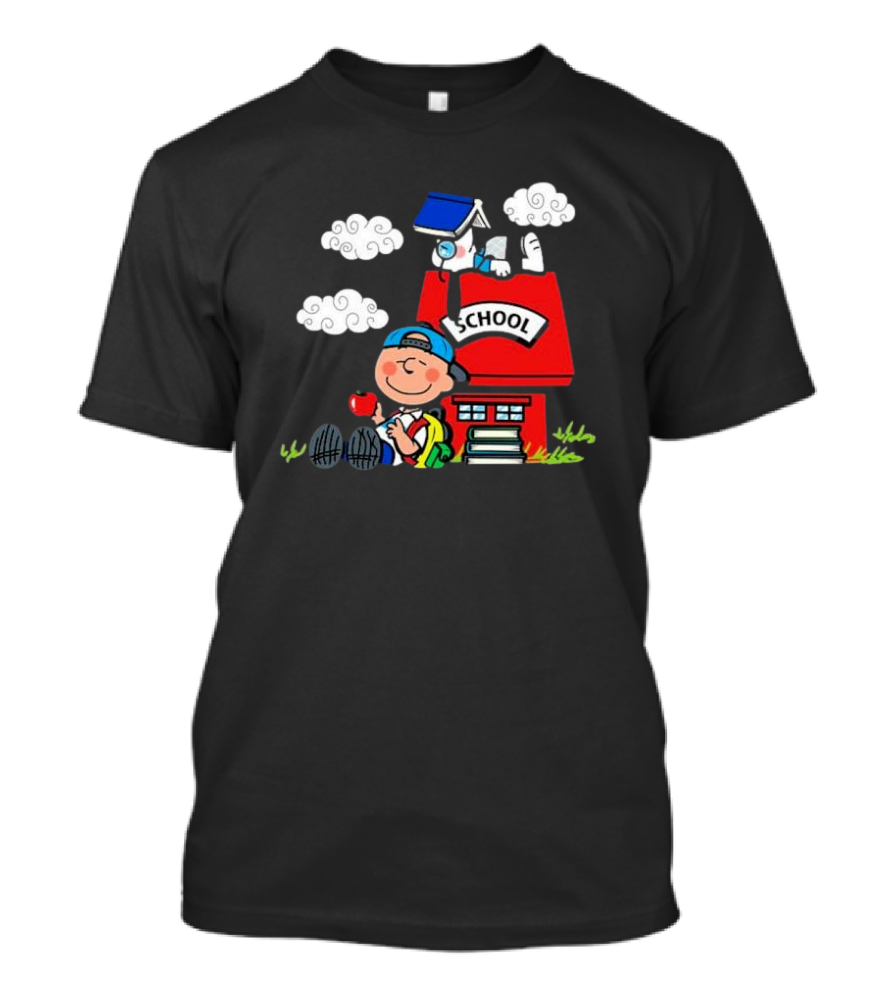 Snoopy School House With Backpack Apple And Clouds T-Shirt