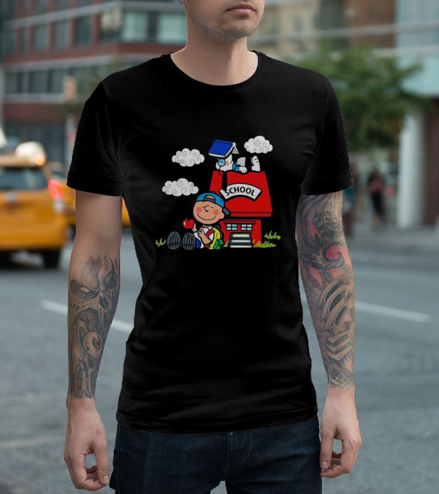 Snoopy School House with Backpack Apple and Clouds T-Shirt