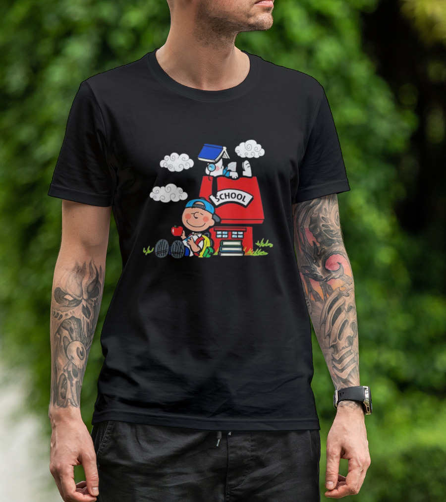 Snoopy School House With Backpack Apple And Clouds T-Shirt