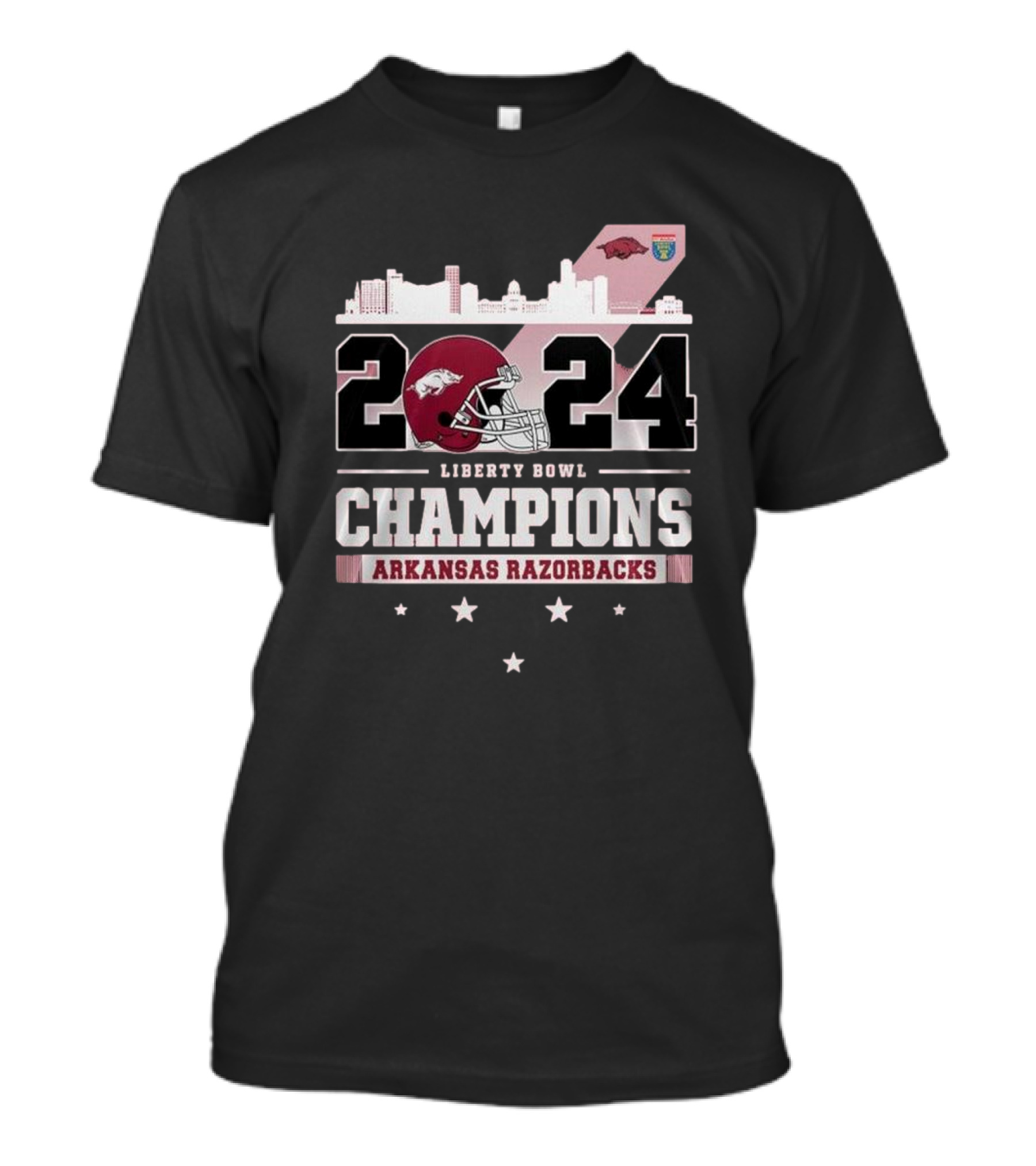 Arkansas Razorbacks 2024 Liberty Bowl Champions Skyline Football T-Shirt