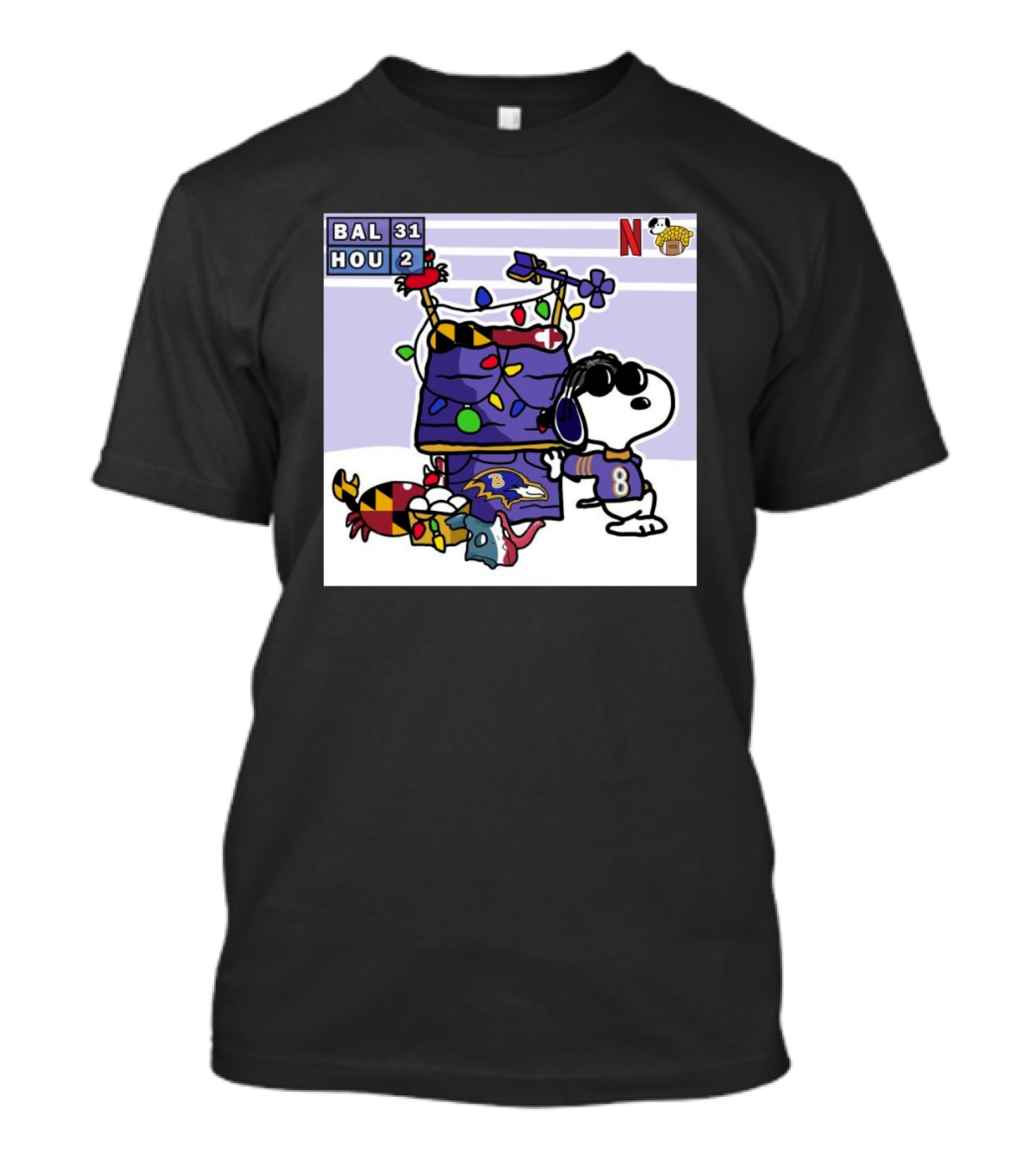 Baltimore Ravens Vs Houston Texans 31-2 Christmas Victory Snoopy Doodle NFL Collaboration T-Shirt