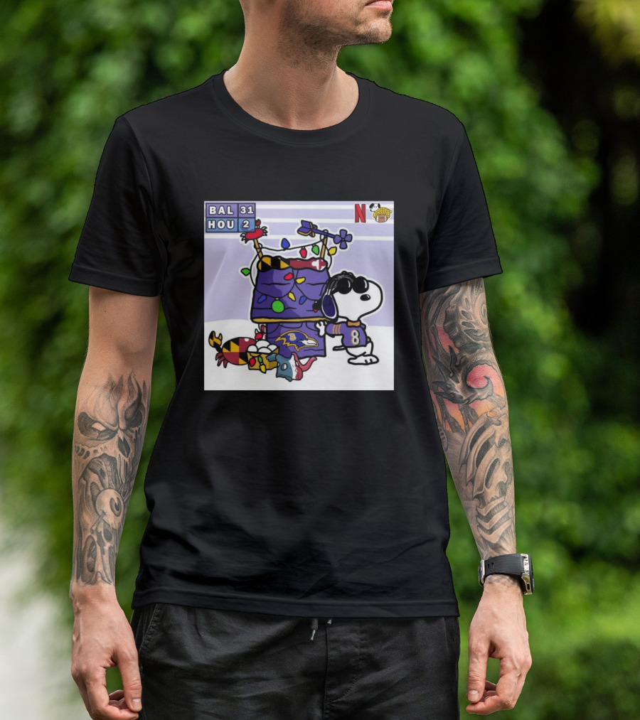 Baltimore Ravens Vs Houston Texans 31-2 Christmas Victory Snoopy Doodle NFL Collaboration T-Shirt