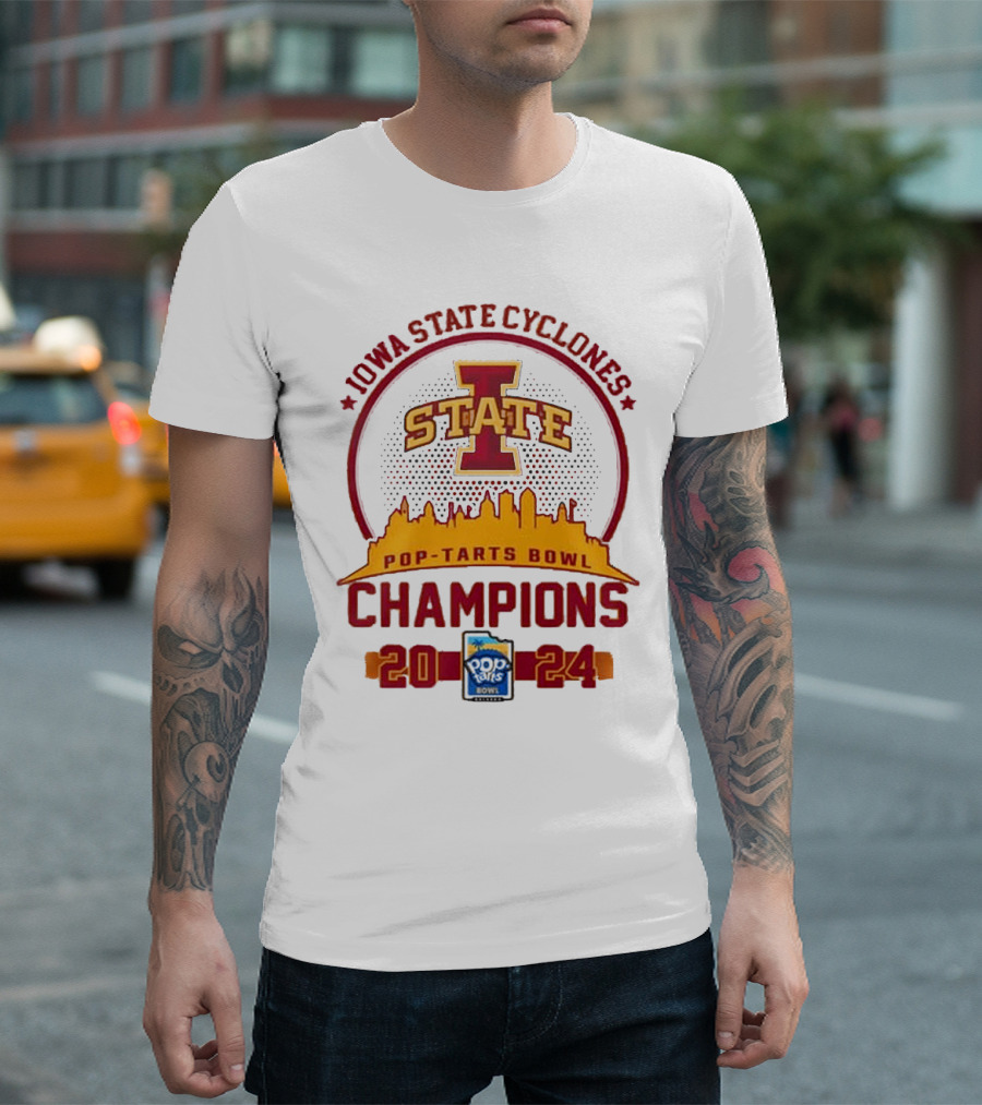 Iowa State Cyclones Pop Tarts Bowl 2024 Champions Skyline Badge T-Shirt