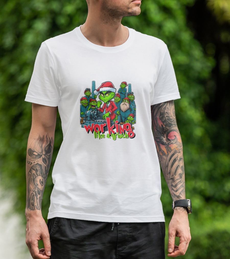 Working Like A Grinch Merry Christmas Santa Hat Green Characters Factory Scene T-Shirt