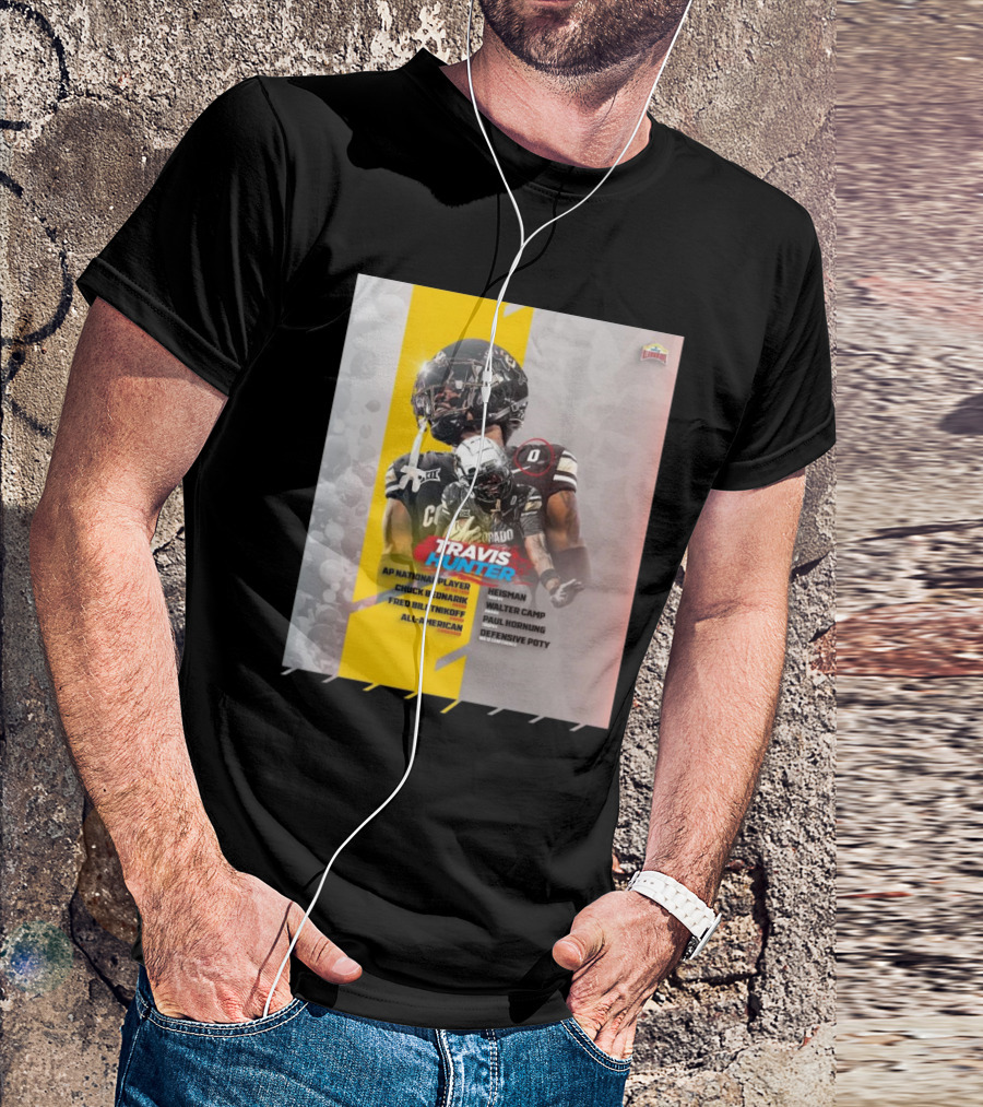 Colorado Buffaloes Travis Hunter 2024 Heisman Trophy Walter Camp Award Paul Hornung Trophy AP National Player Chuck Bednarik Fred Biletnikoff All-American Defensive POTY T-Shirt