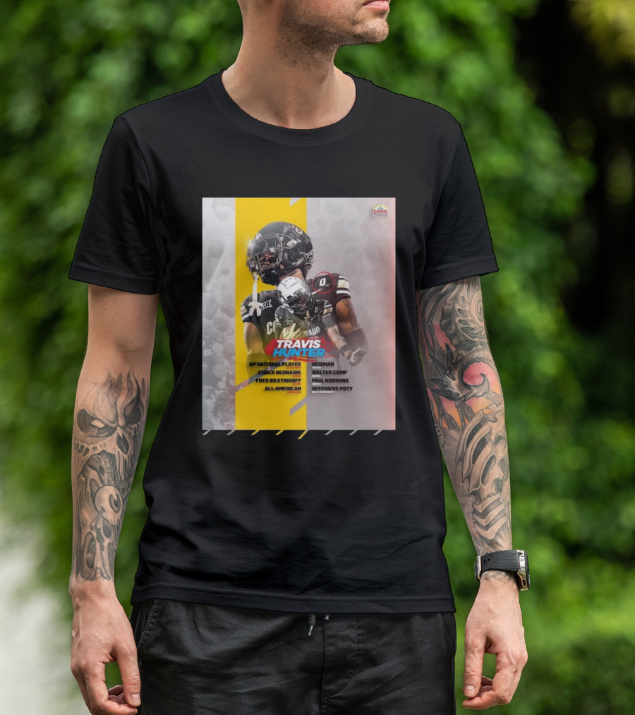 Colorado Buffaloes Travis Hunter 2024 Heisman Trophy Walter Camp Award Paul Hornung Trophy AP National Player Chuck Bednarik Fred Biletnikoff All-American Defensive POTY T-Shirt
