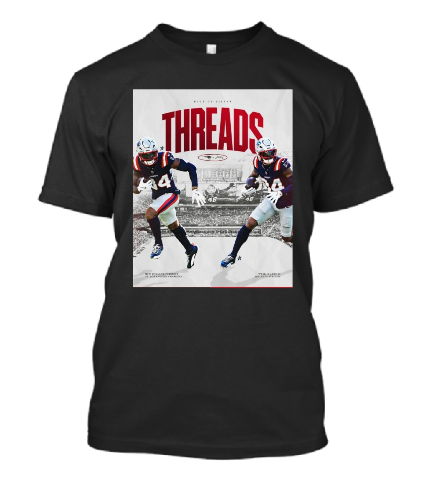 Blue On Silver Threads New England Patriots Vs Los Angeles Chargers Week 17 Dec 28 Gillette Stadium T-Shirt