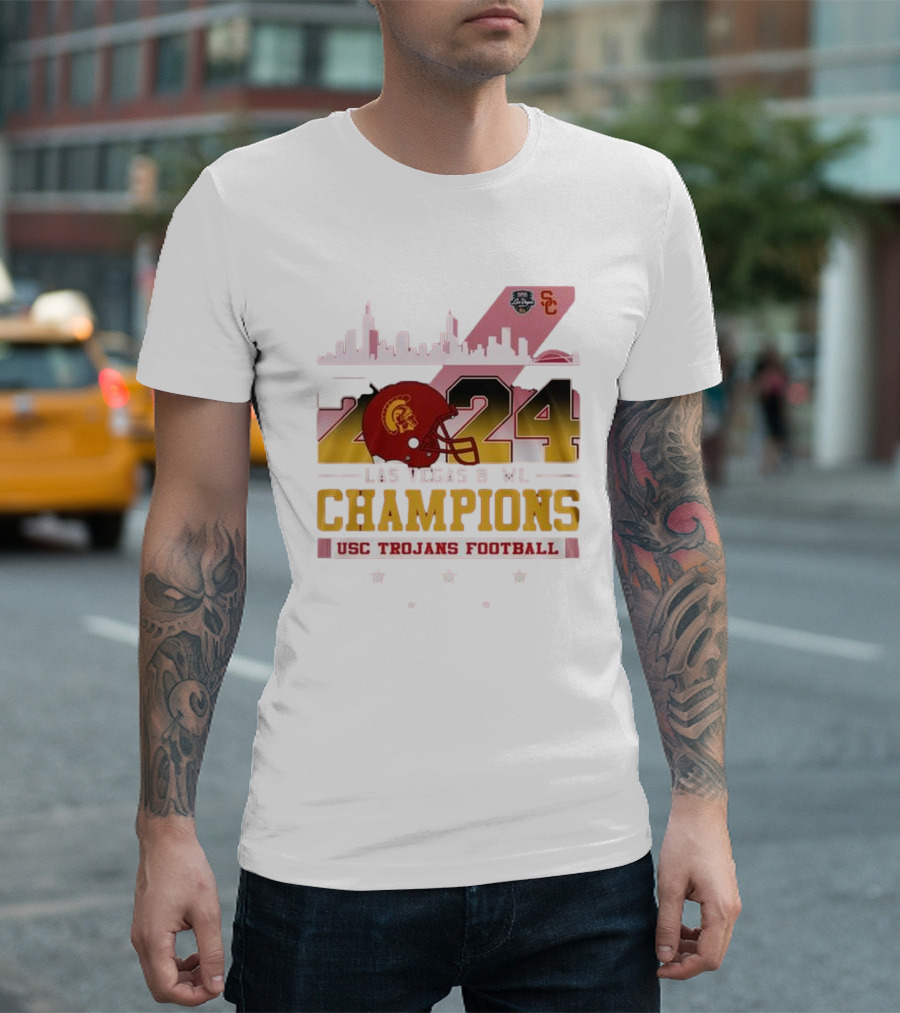 USC Trojans Football 2024 Las Vegas Bowl Champions Skyline Helmet T-Shirt