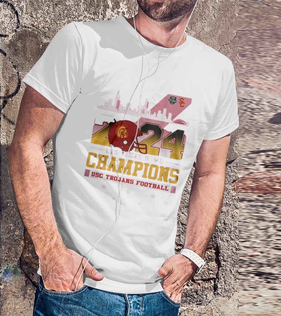 USC Trojans Football 2024 Las Vegas Bowl Champions Skyline Helmet T-Shirt
