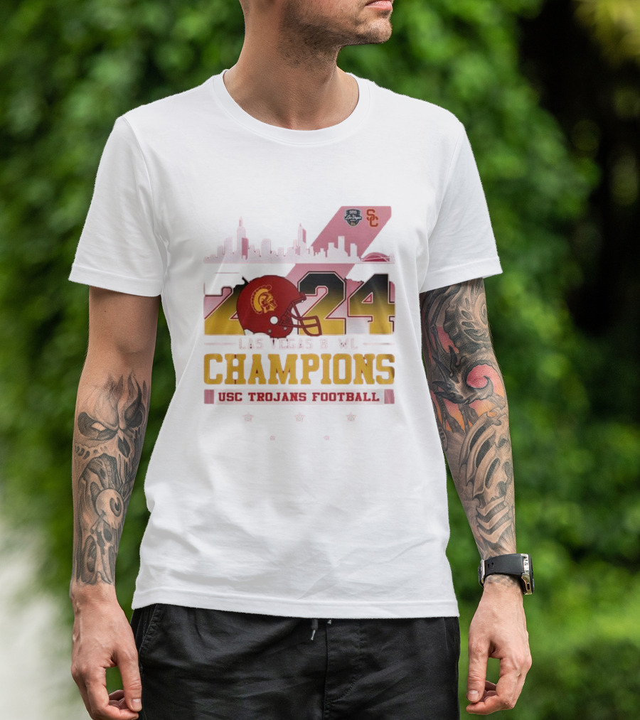 USC Trojans Football 2024 Las Vegas Bowl Champions Skyline Helmet T-Shirt