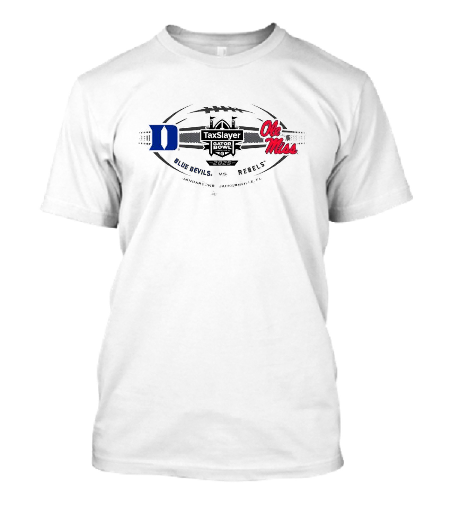 Duke Blue Devils Vs Ole Miss Rebels 2025 TaxSlayer Gator Bowl January 2 Jacksonville Florida T-Shirt