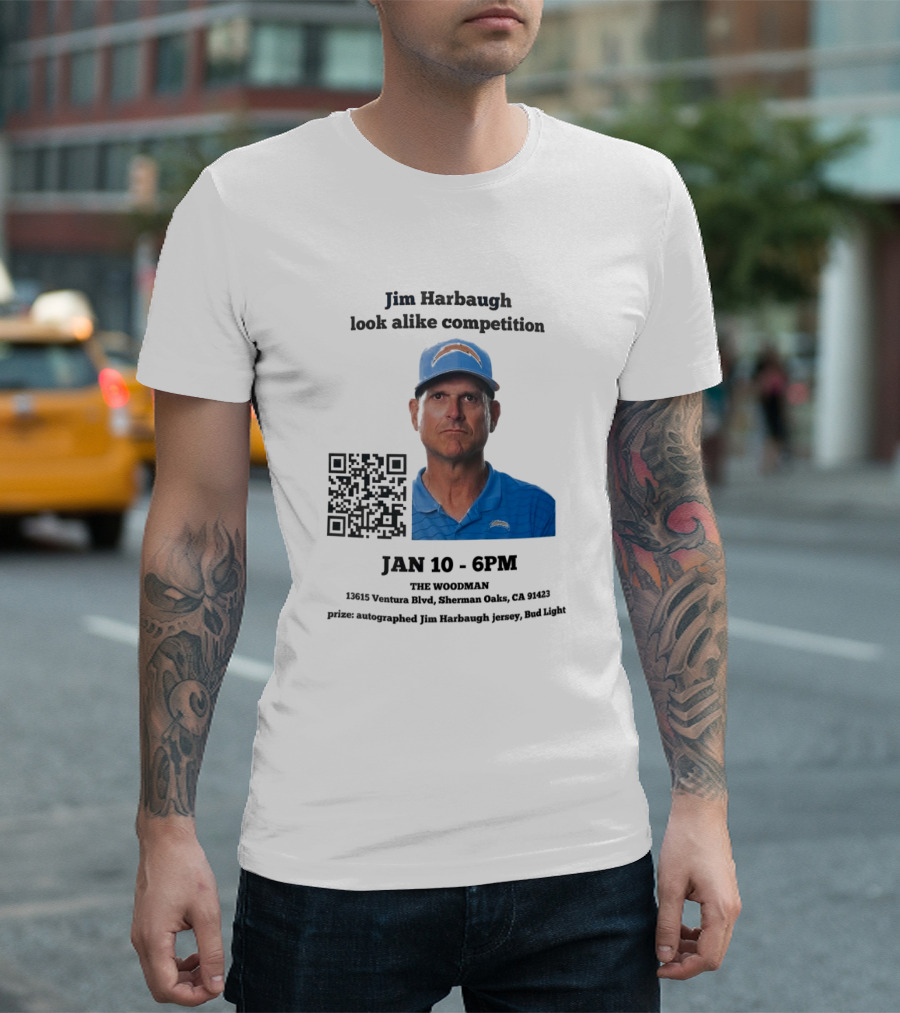 Jim Harbaugh Look Alike Competition Jan 10 6PM The Woodman Sherman Oaks Prize Jersey Bud Light T-Shirt