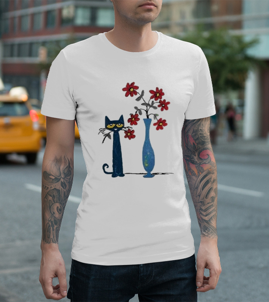 Pete The Cat And Red Flowers In Blue Vase T-Shirt