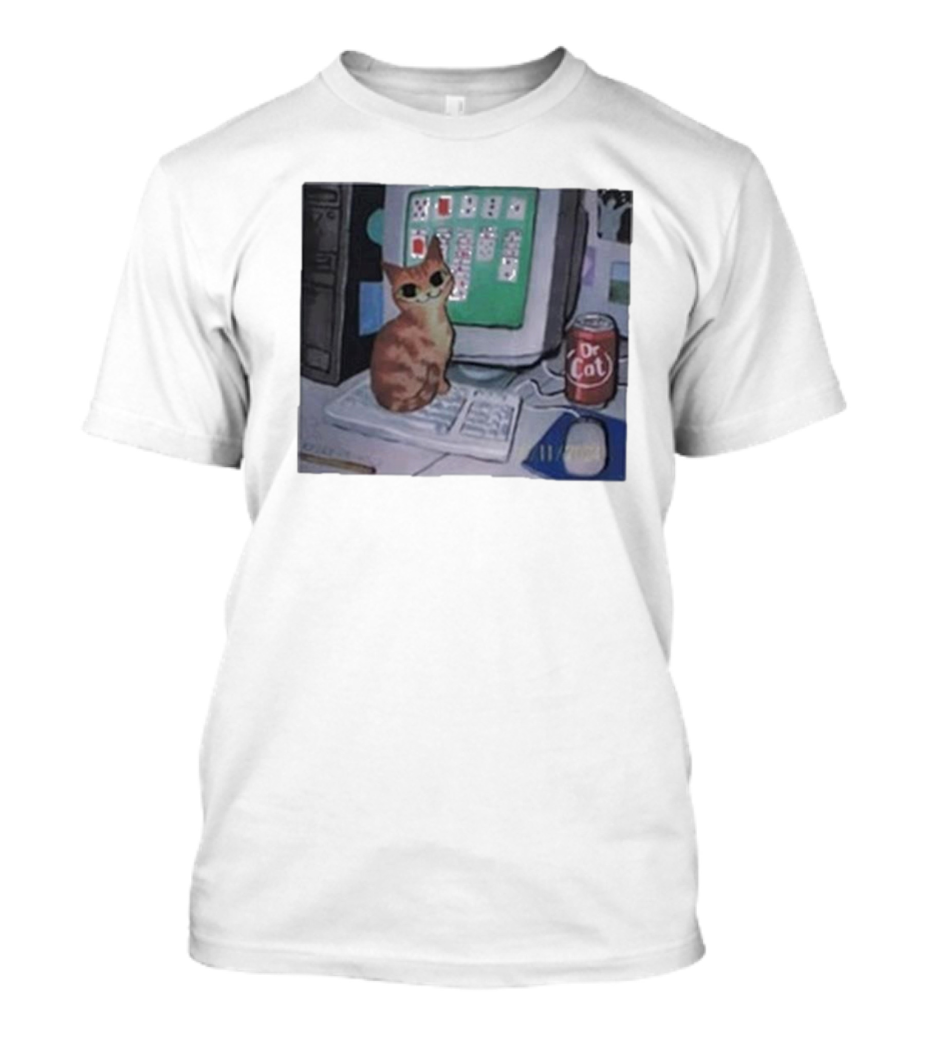 Solitaire Cat Drinking Dr Cat Next To Computer T-Shirt