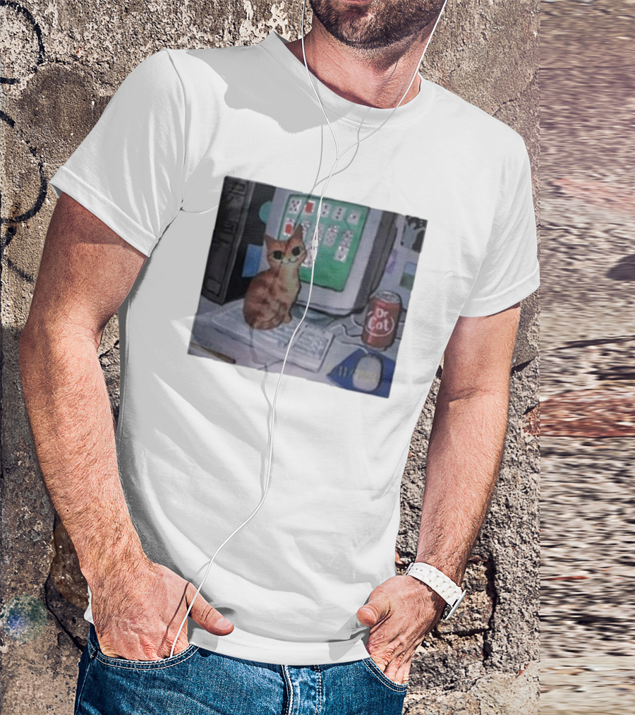 Solitaire Cat Drinking Dr Cat Next To Computer T-Shirt