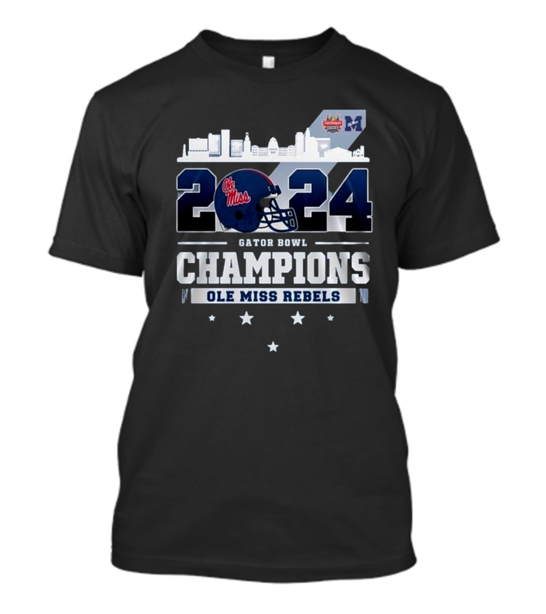 Ole Miss Rebels 2024 Gator Bowl Champions Skyline Helmet And Stars T-Shirt