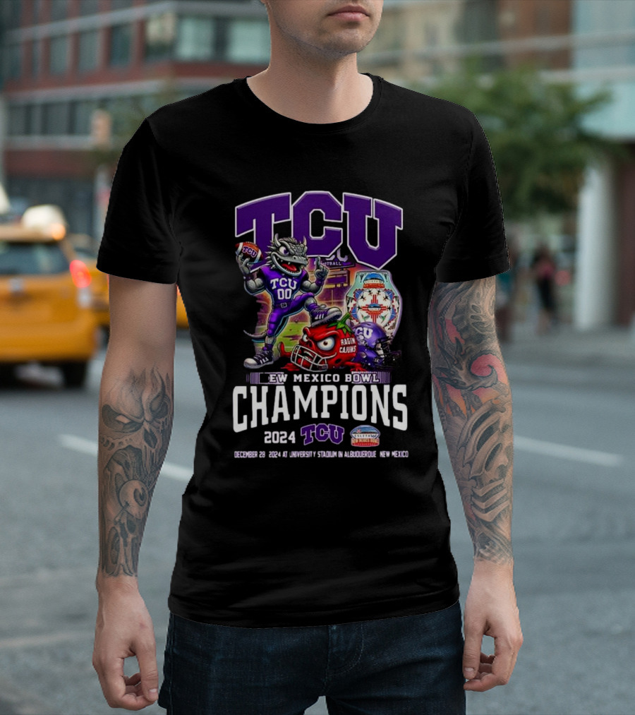 TCU Horned Frogs 2024 New Mexico Bowl Champions December 28 Mascot Showdown with Ragin Cajuns T-Shirt
