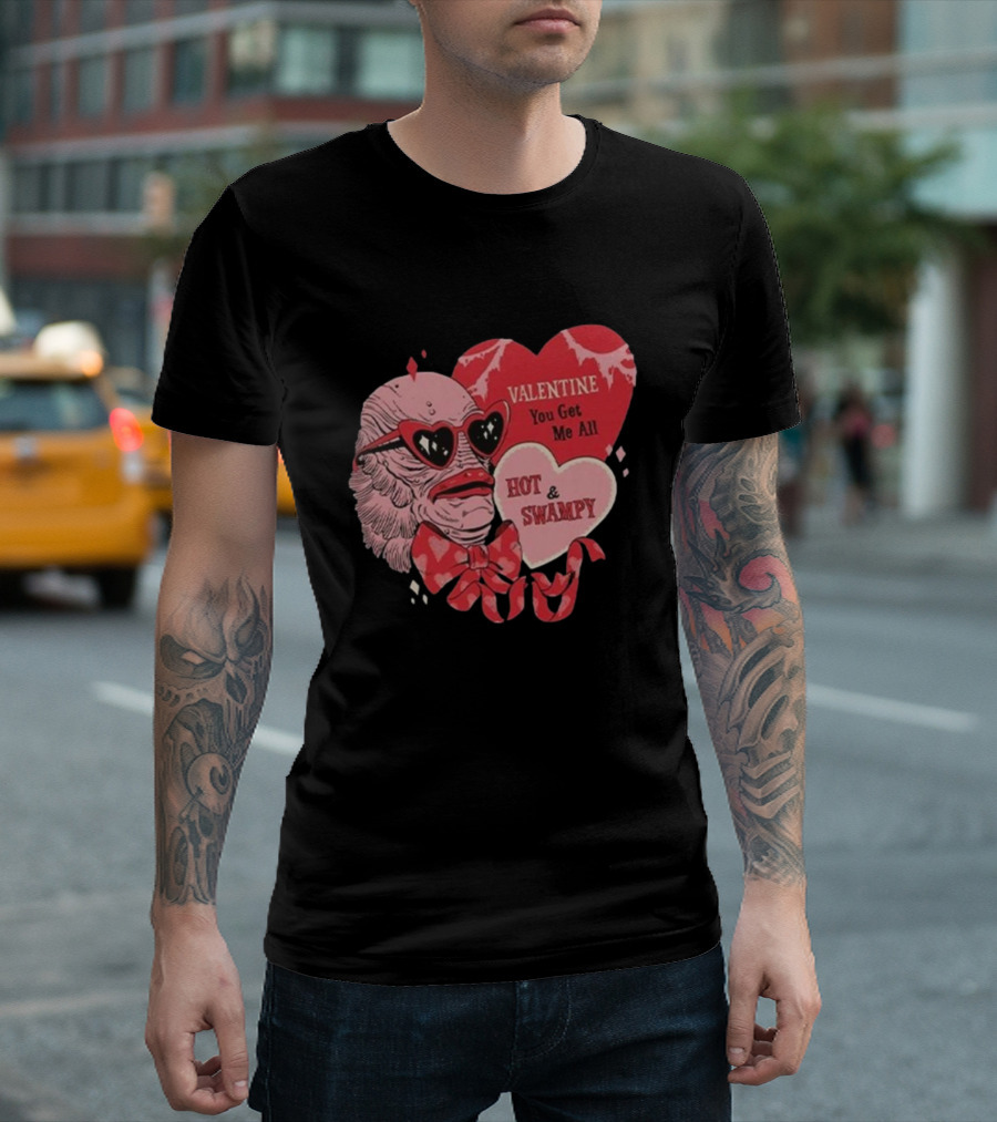 Valentine You Get Me All Hot And Swampy Creature With Heart Sunglasses And Bow Tie T-Shirt