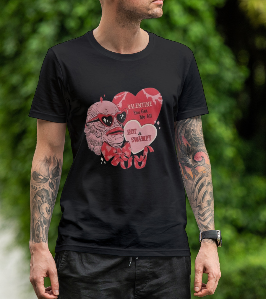 Valentine You Get Me All Hot And Swampy Creature With Heart Sunglasses And Bow Tie T-Shirt