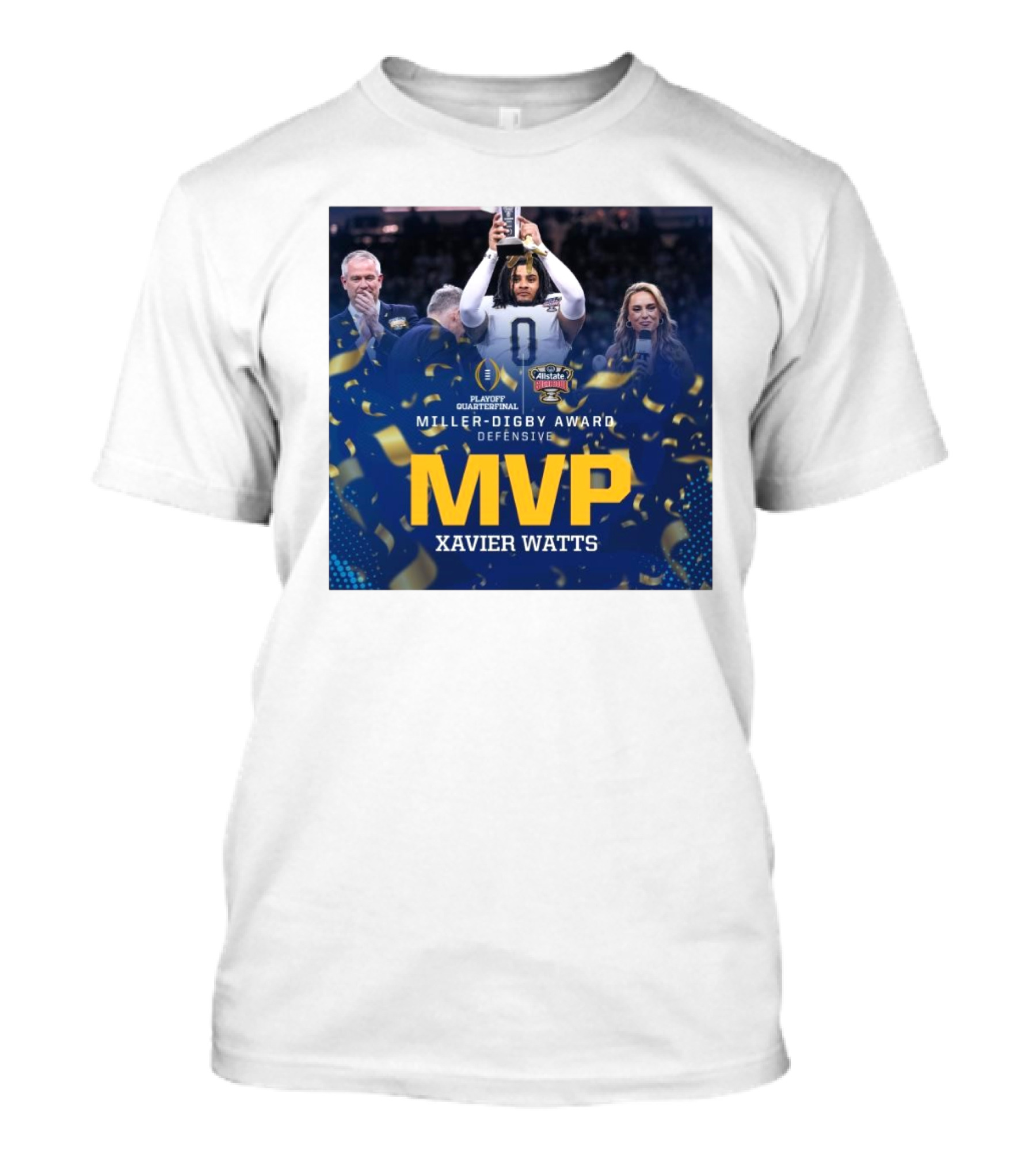 Notre Dame Fighting Irish Xavier Watts Miller-Digby Award Defensive MVP Sugar Bowl 2025 Playoff Quarterfinals T-Shirt