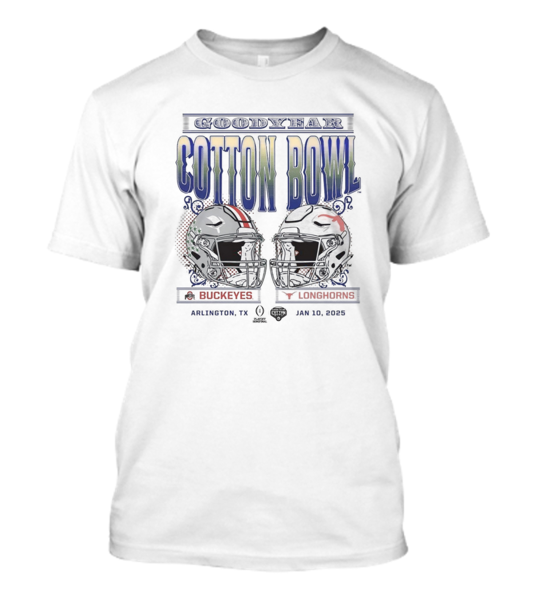 Ohio State Buckeyes Vs Texas Longhorns Goodyear Cotton Bowl Arlington TX Jan 10 2025 Helmet Matchup T-Shirt