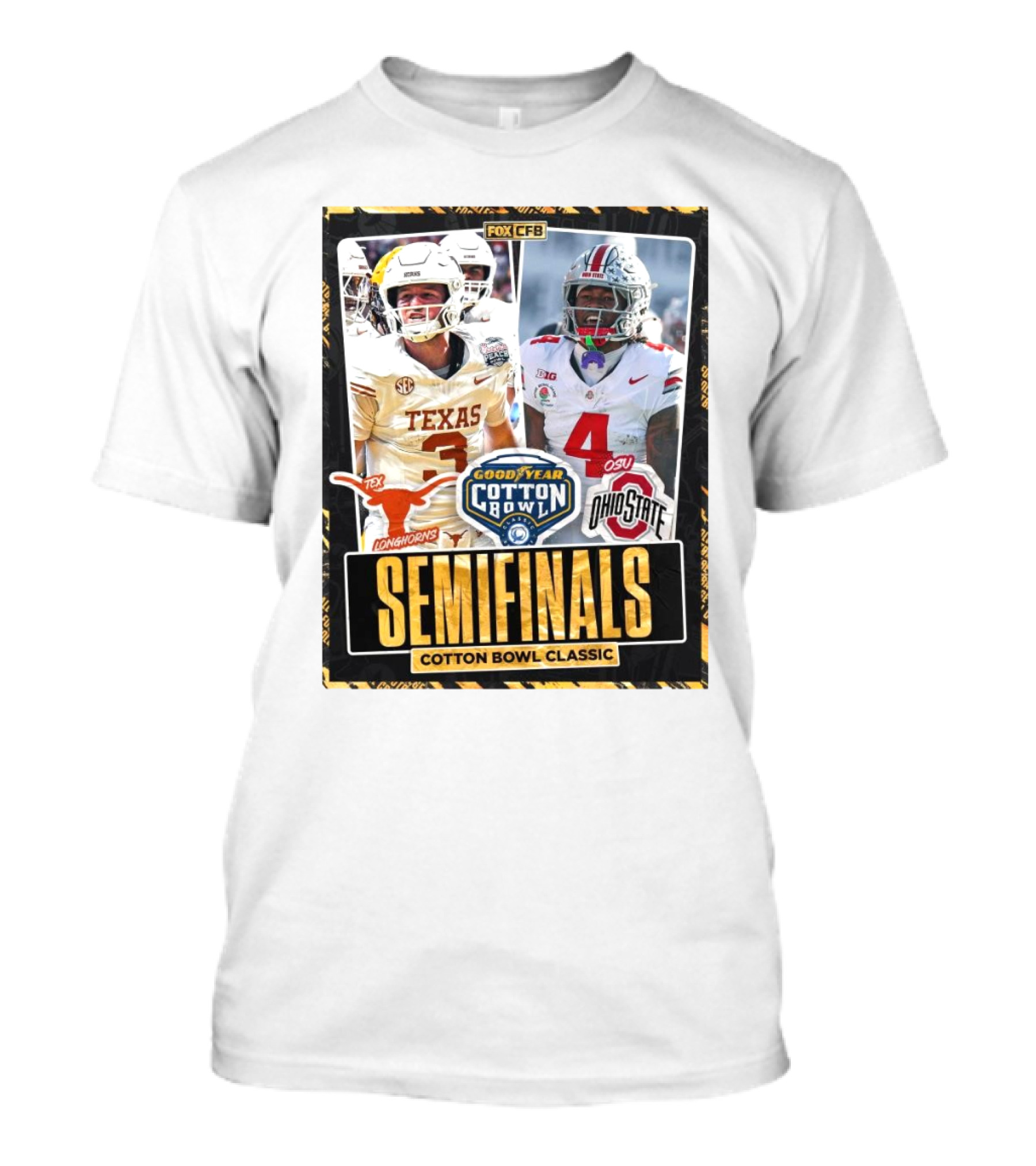 Texas Longhorns Vs Ohio State Buckeyes Goodyear Cotton Bowl Classic Semifinals 2025 FOX CFB T-Shirt