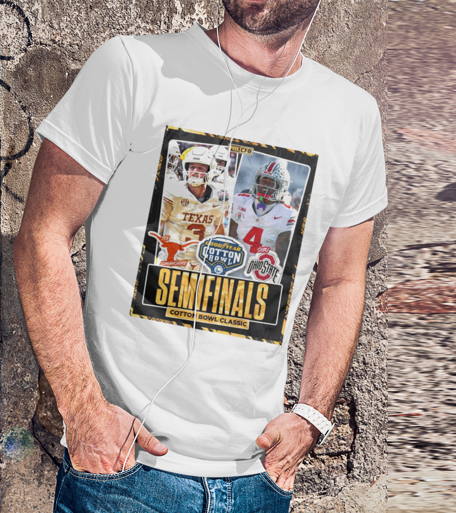 Texas Longhorns Vs Ohio State Buckeyes Goodyear Cotton Bowl Classic Semifinals 2025 FOX CFB T-Shirt