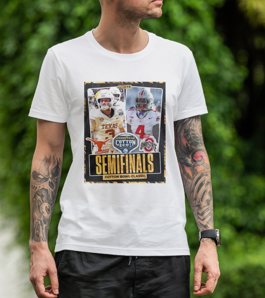 Texas Longhorns Vs Ohio State Buckeyes Goodyear Cotton Bowl Classic Semifinals 2025 FOX CFB T-Shirt