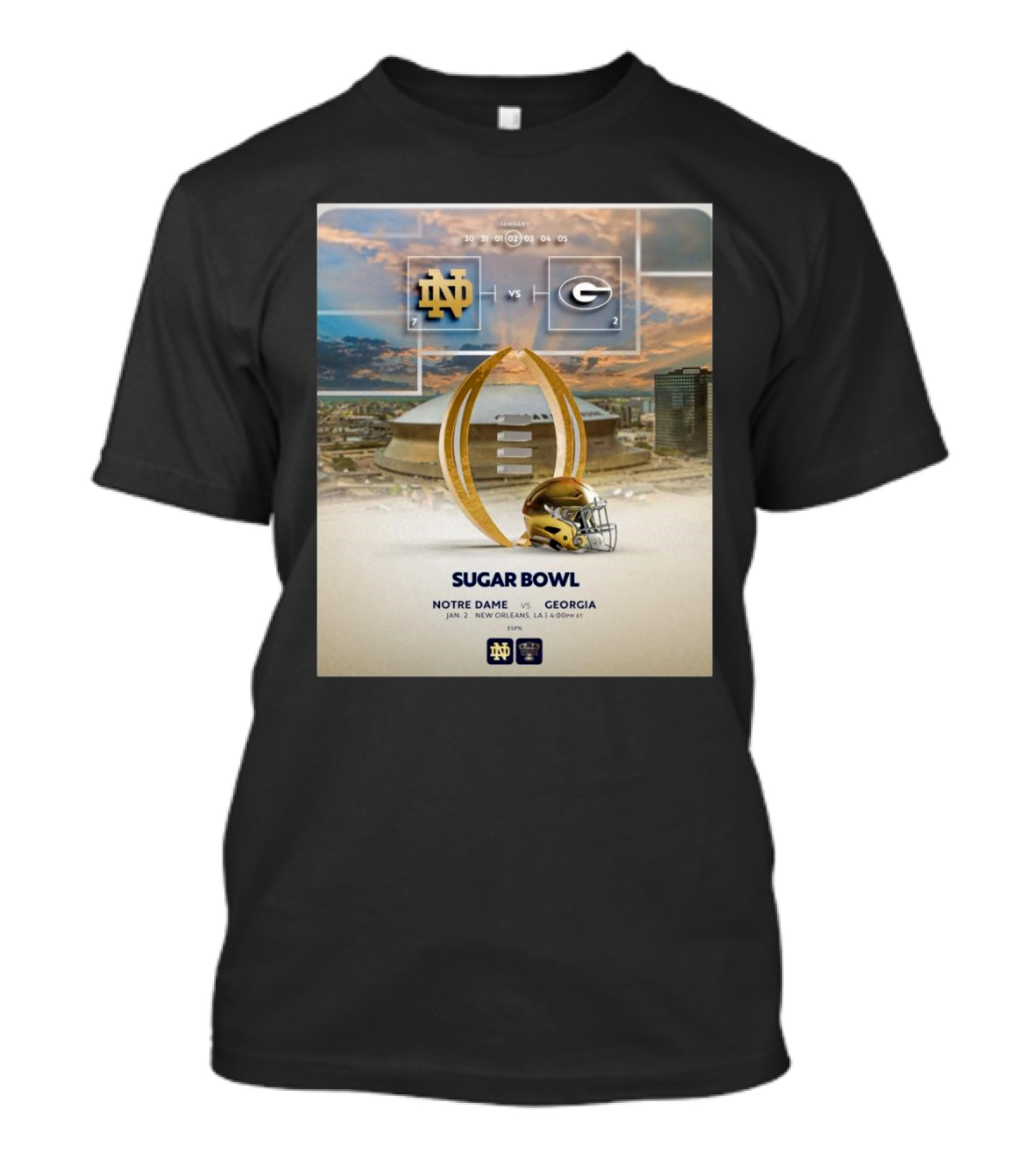 Notre Dame Vs. Georgia Sugar Bowl January 2 2025 New Orleans Football Matchup T-Shirt