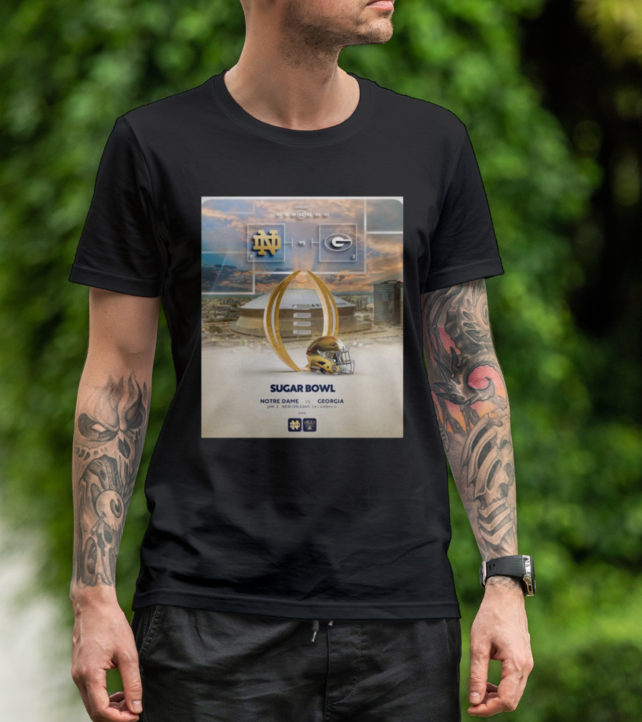 Notre Dame Vs. Georgia Sugar Bowl January 2 2025 New Orleans Football Matchup T-Shirt