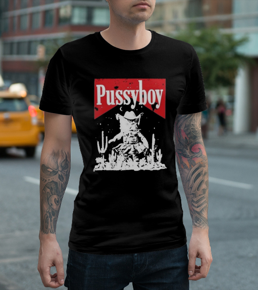 Ezramichelmusic Pussyboy Western Cat Cactus Night Scene T-Shirt