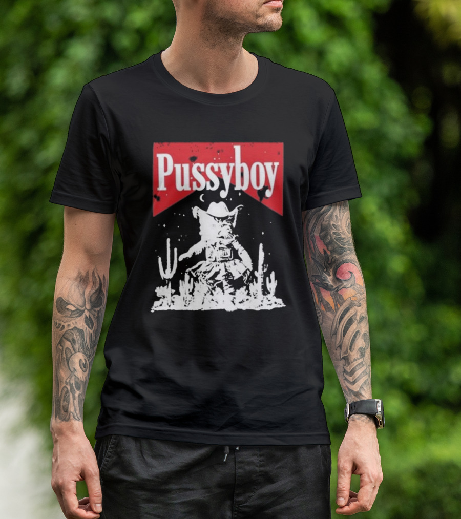 Ezramichelmusic Pussyboy Western Cat Cactus Night Scene T-Shirt