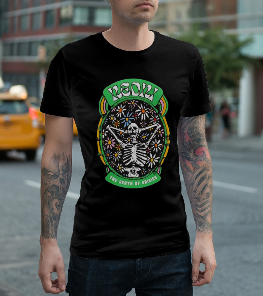 Neon the Death of Daisies Skeleton Surrounded by Flowers T-Shirt