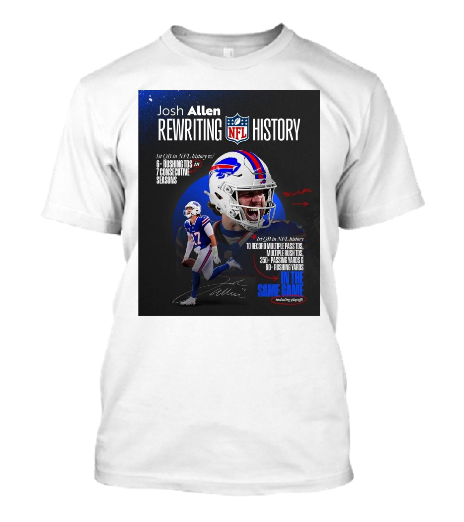 Josh Allen Rewriting NFL History 1st QB To Record 350+ Passing Yards 60+ Rushing Yards Multiple Pass TDs Multiple Rush TDs Buffalo Bills 6+ Rushing TDs 7 Seasons T-Shirt